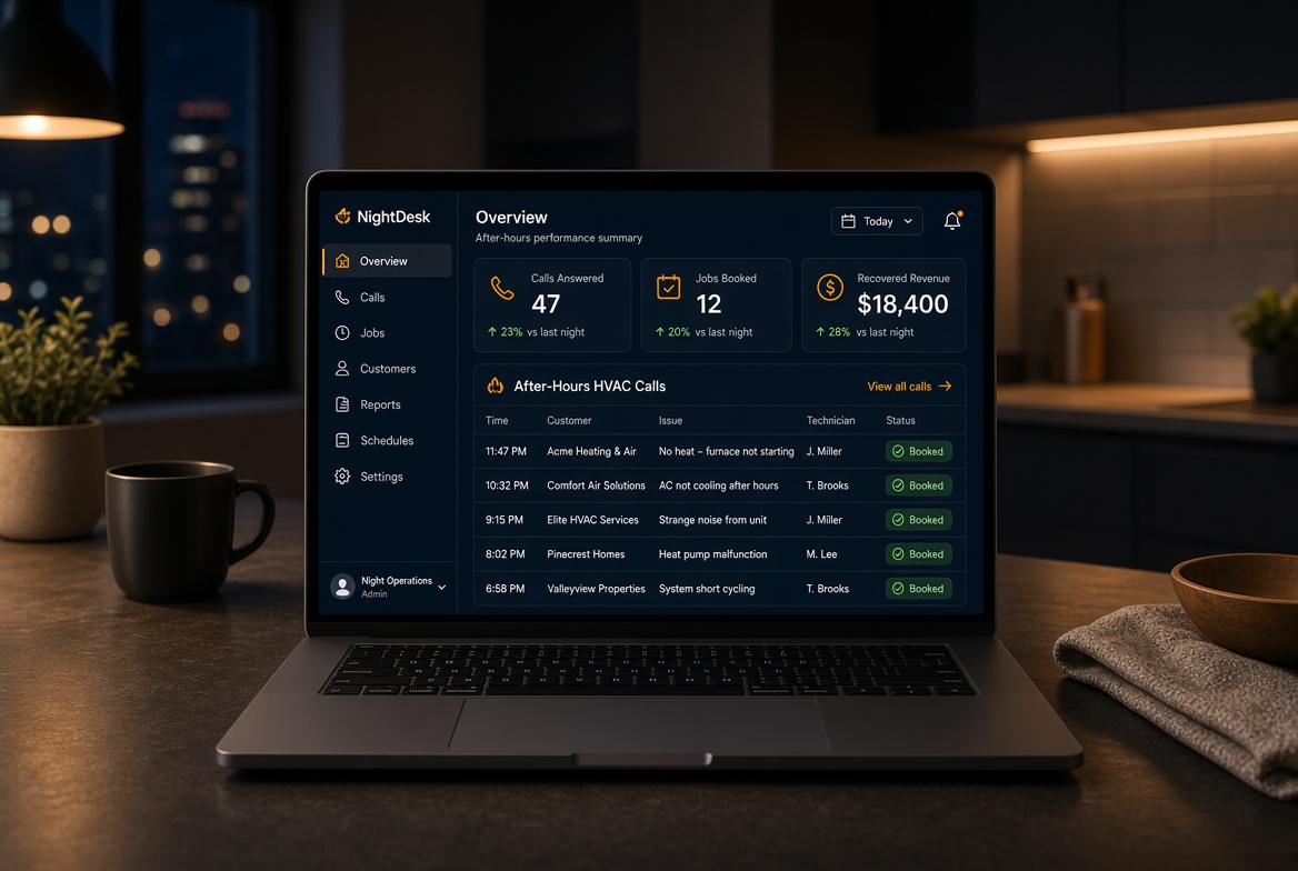 NightDesk after-hours dashboard on a laptop